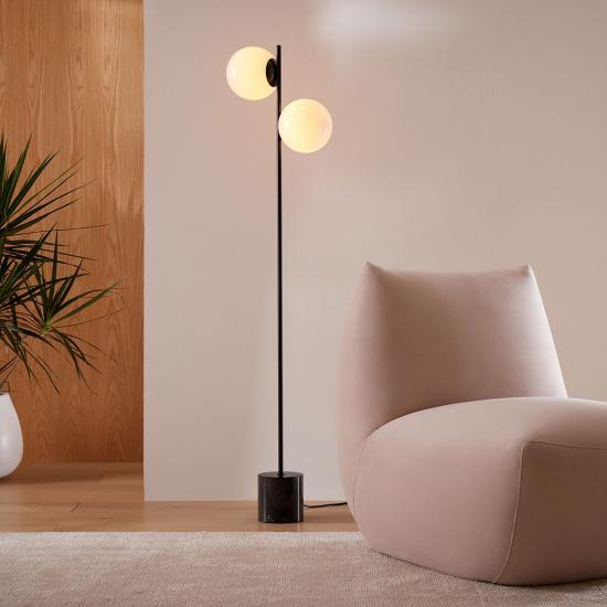 Sphere & Matte Black Stem Black Marble 2-Light Floor Lamp (62)