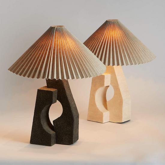 Ruins Black Ceramic Sculptural Table Lamp with Pleated Shade