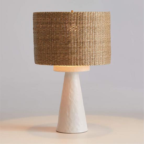 White Ceramic Table Lamp with Woven Shade