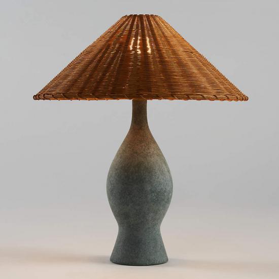 Courbe Green Ceramic Table Lamp with Rattan Shade