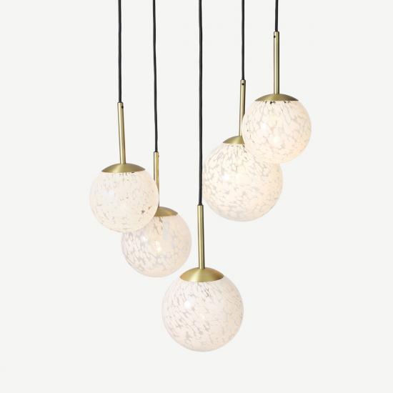 Julia White Speckled Glass & Brass 5 Light Chandelier Pendant