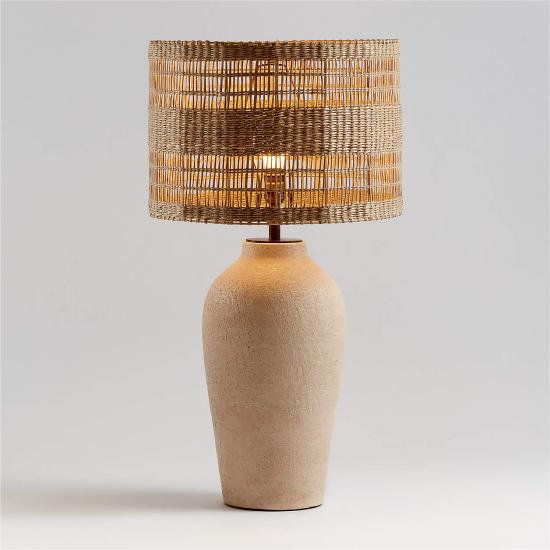 Corfu Tall Cream White Earthenware Table Lamp with Woven Shade