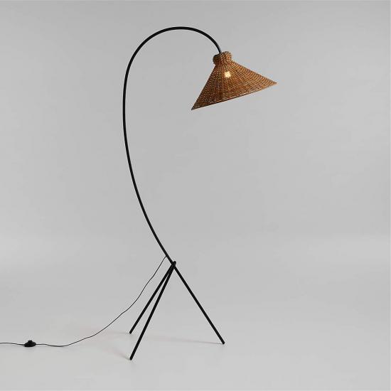 L'Union Black Metal Arc Floor Lamp with Rattan Shade